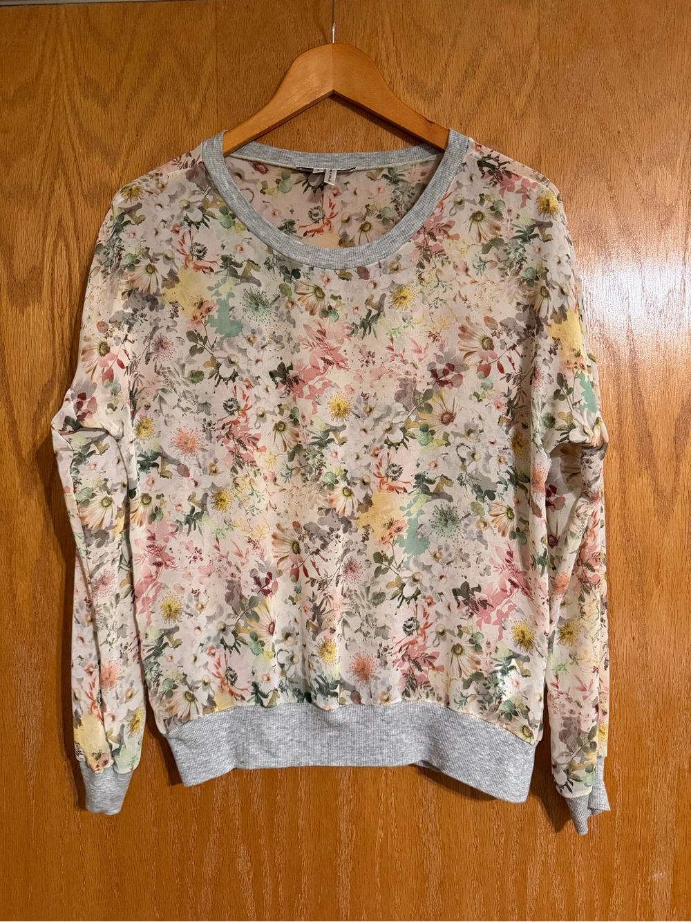 Anthropologie, Future Vintage - Pastel Floral Crewneck Sweater with Gray Trim